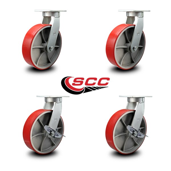 10 Inch Heavy Duty Red Poly on Cast Iron Wheel Swivel Caster Set with 2 Brakes